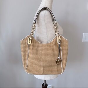 Michael Kors Straw Raffia Shoulder Bag with Gold Handles